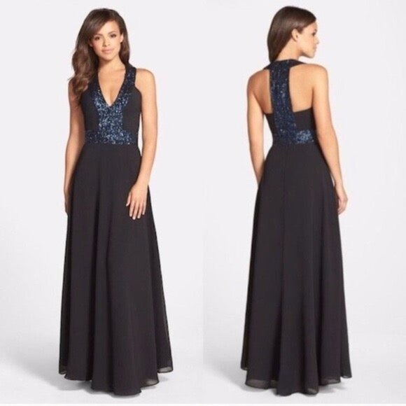 Dress the Population Women's Black Sequins V Neck Evening Maxi Dress Size Small